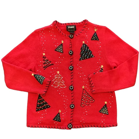 VINTAGE DESIGNERS ORIGINALS STUDIO UGLY CHRISTMAS CARDIGAN SWEATER RED - Picture 2 of 9